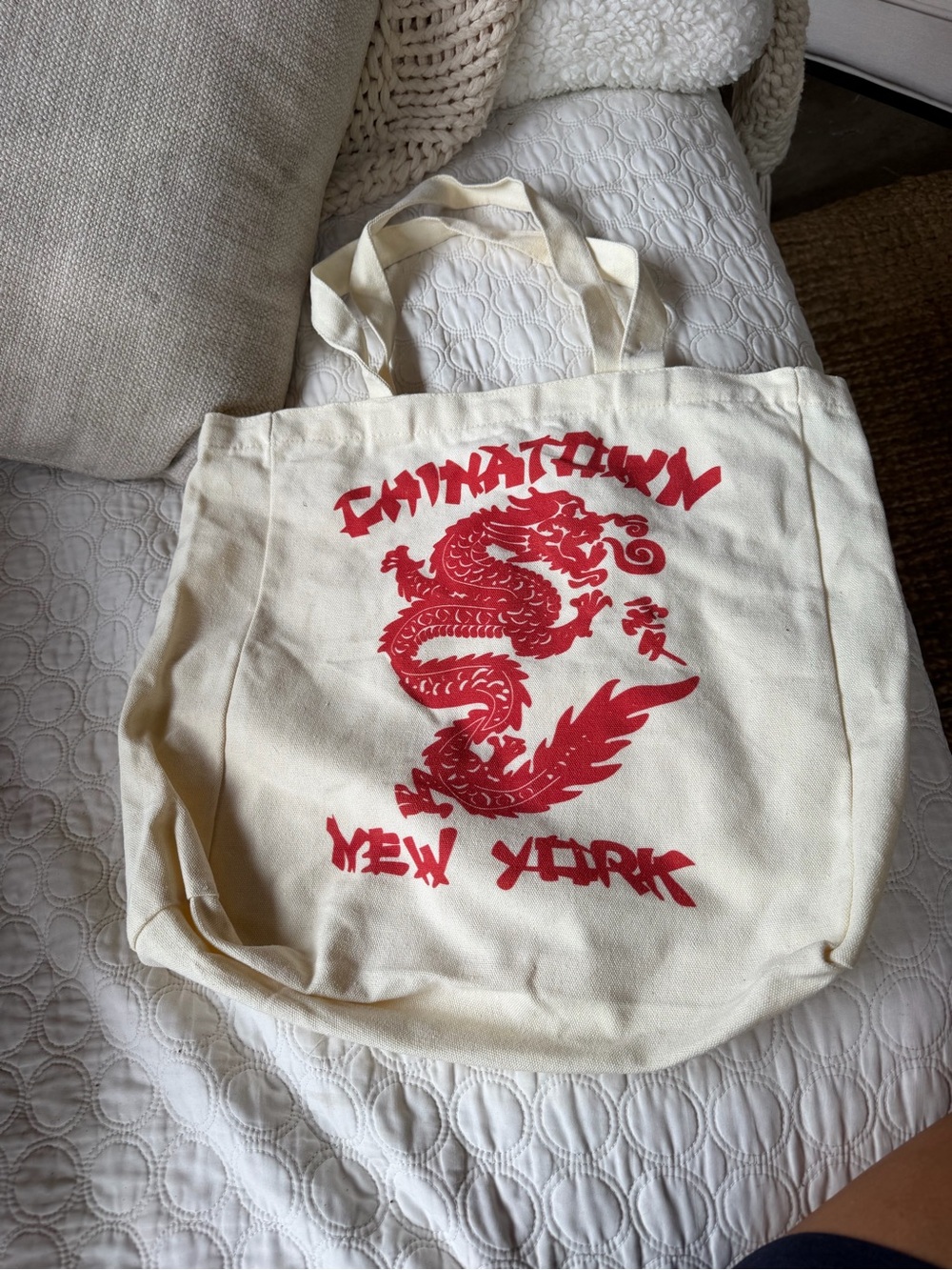 NYC Chinatown canvas tote bag with red Chinese-style dragon Chinatown NYC